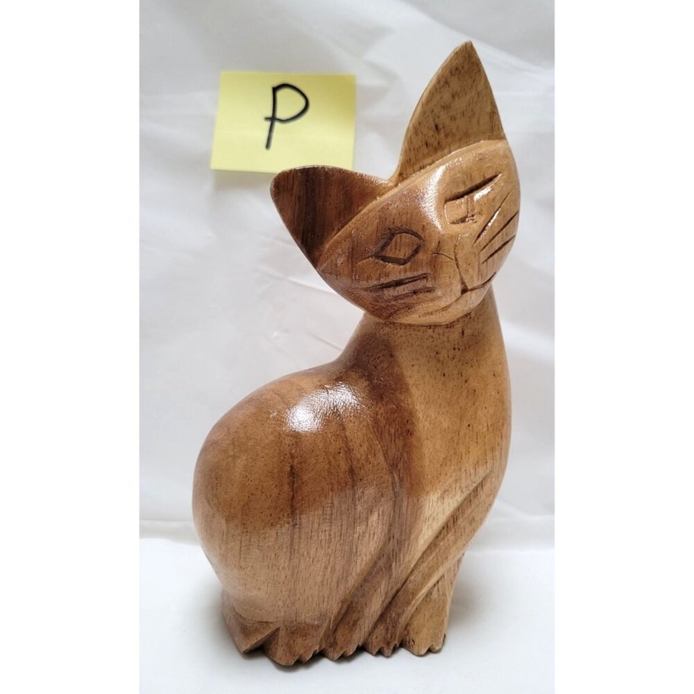 Hand-Carved Wooden Cat Statue Figure Figurine - About 7 inches Tall - Lot P